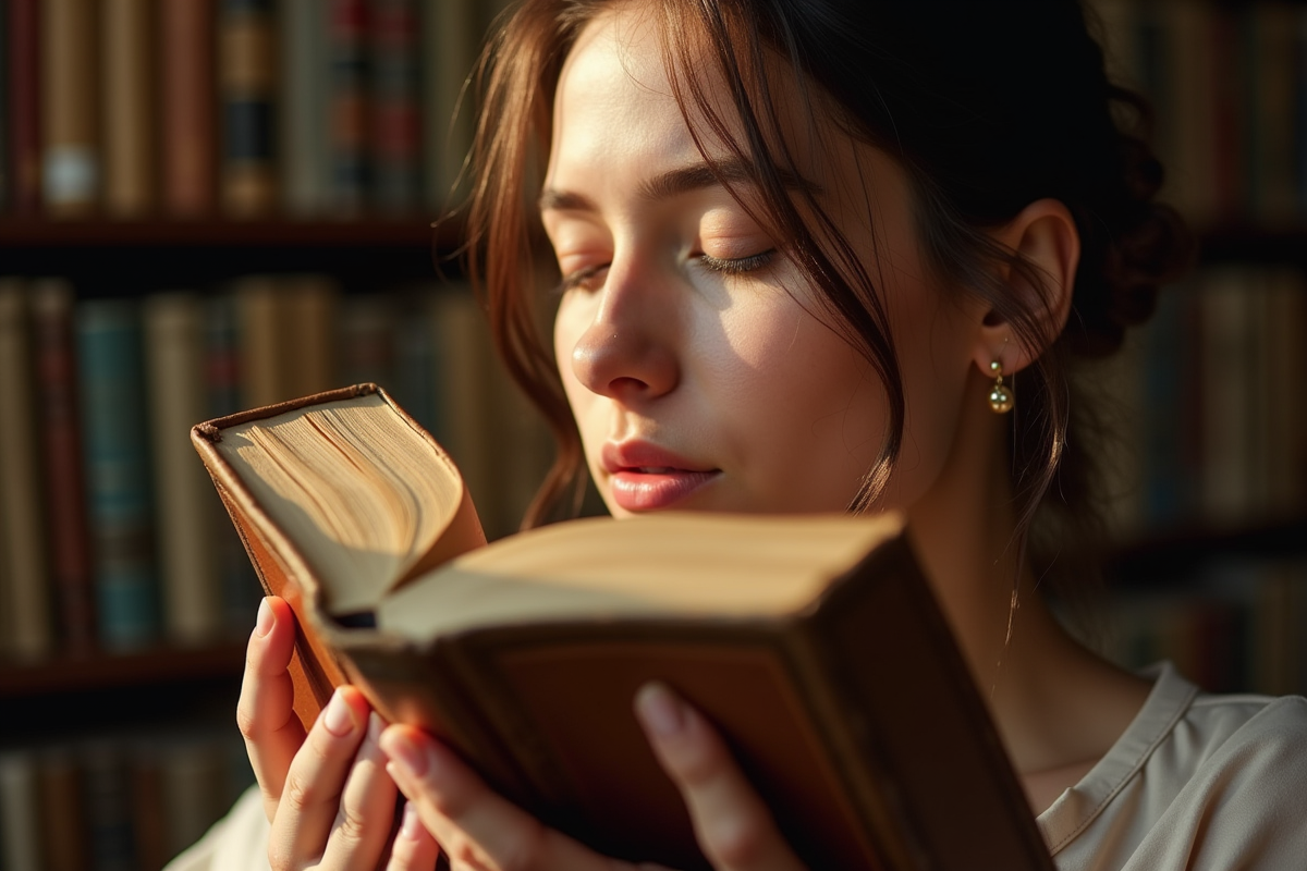 Mains tenant un livre ancien près du visage en respirant l