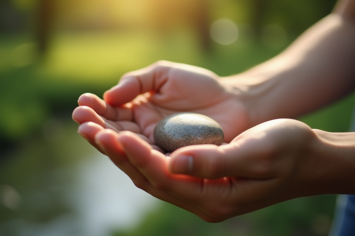 Mains tenant une pierre lisse évoquant la pleine conscience