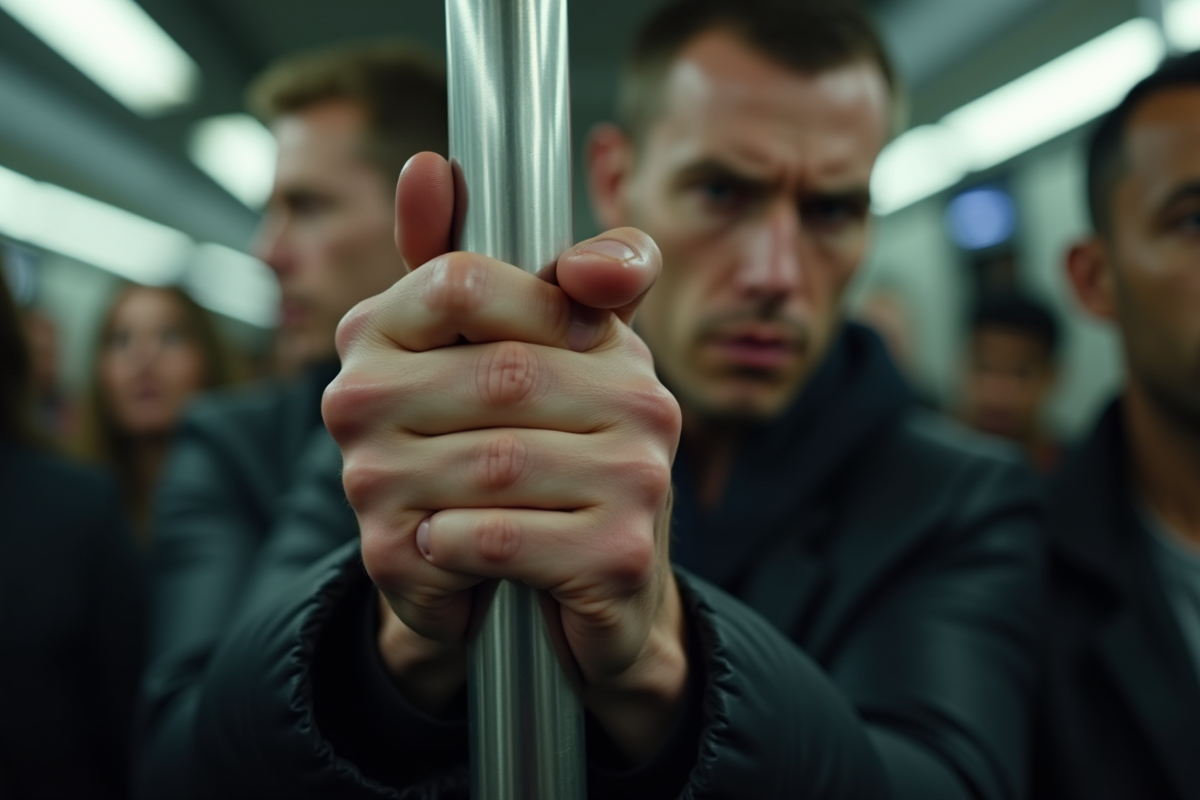 Mains en sueur tenant une barre de métro lors des heures de pointe