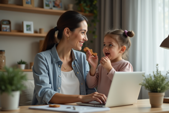 Maman et fille partageant un snack dans un salon chaleureux