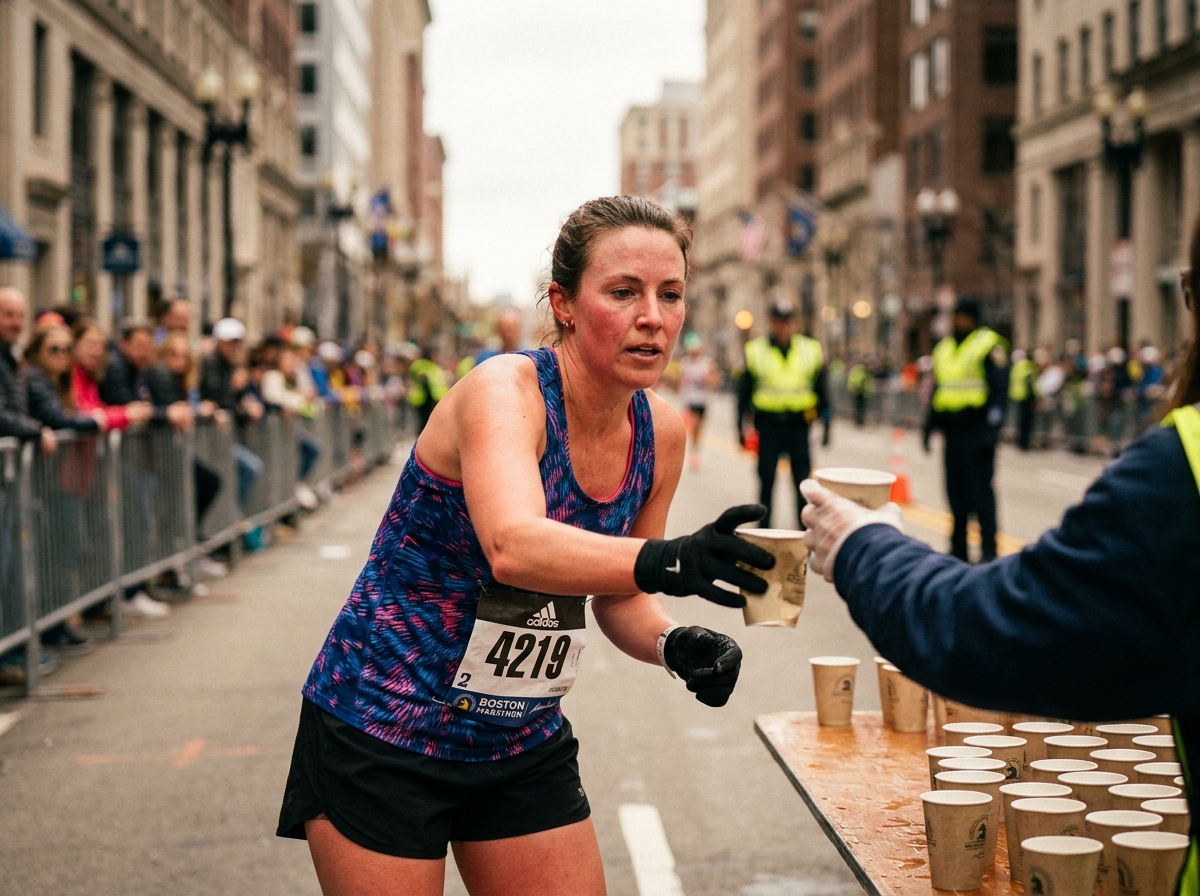 Marathonienne saisissant une boisson électrolytique à un ravitaillement lors d'une course urbaine