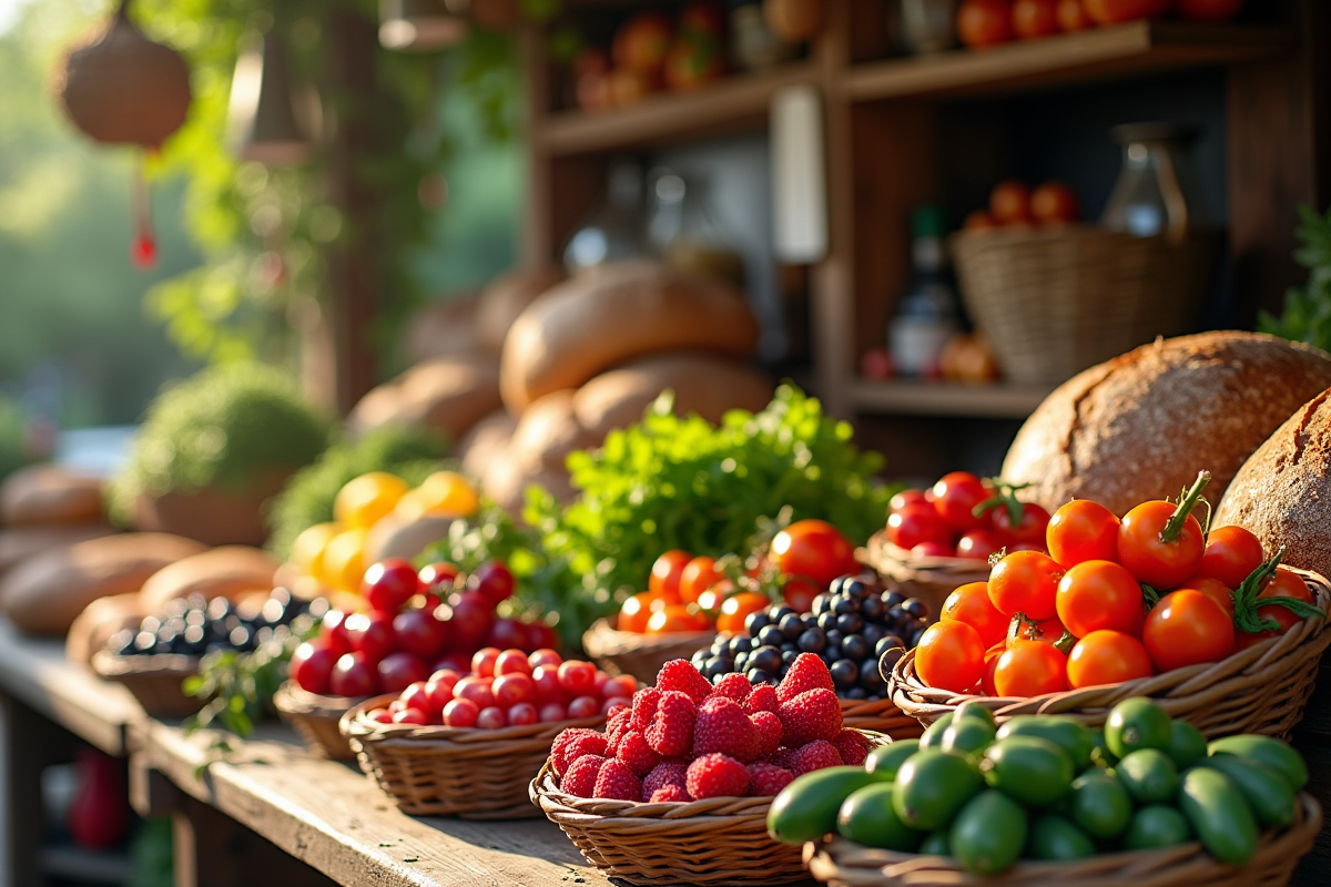 Stand de marché avec légumes colorés et pains complets
