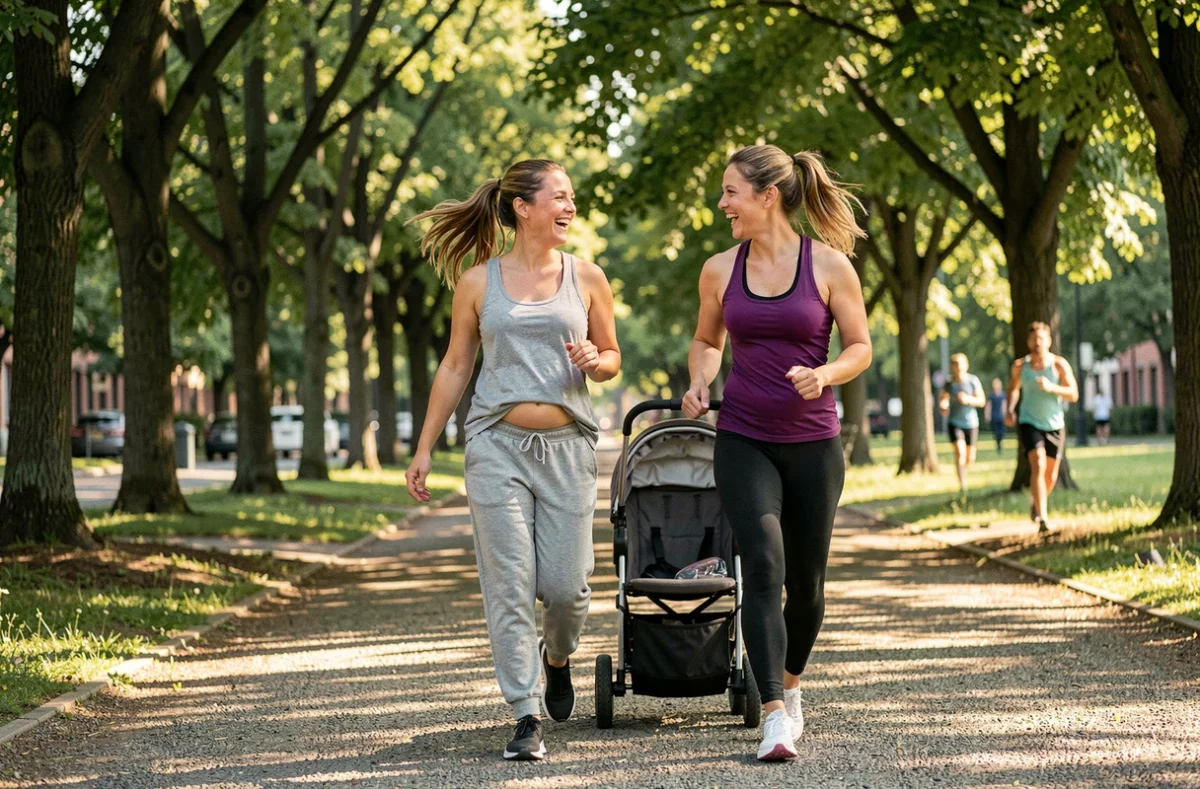 Deux amies marchant dans un parc avec une poussette dans le cadre d'une remise en forme après grossesse