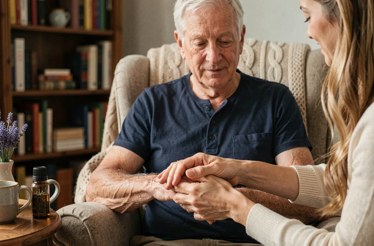 Massage des mains avec de l'huile de lavande pour soulager les fourmillements et la paresthésie, technique de grand-mère efficace
