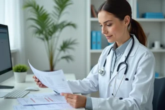 Médecin généraliste femme examinant les résultats d'une analyse d'urine avec cellules épithéliales dans un cabinet médical
