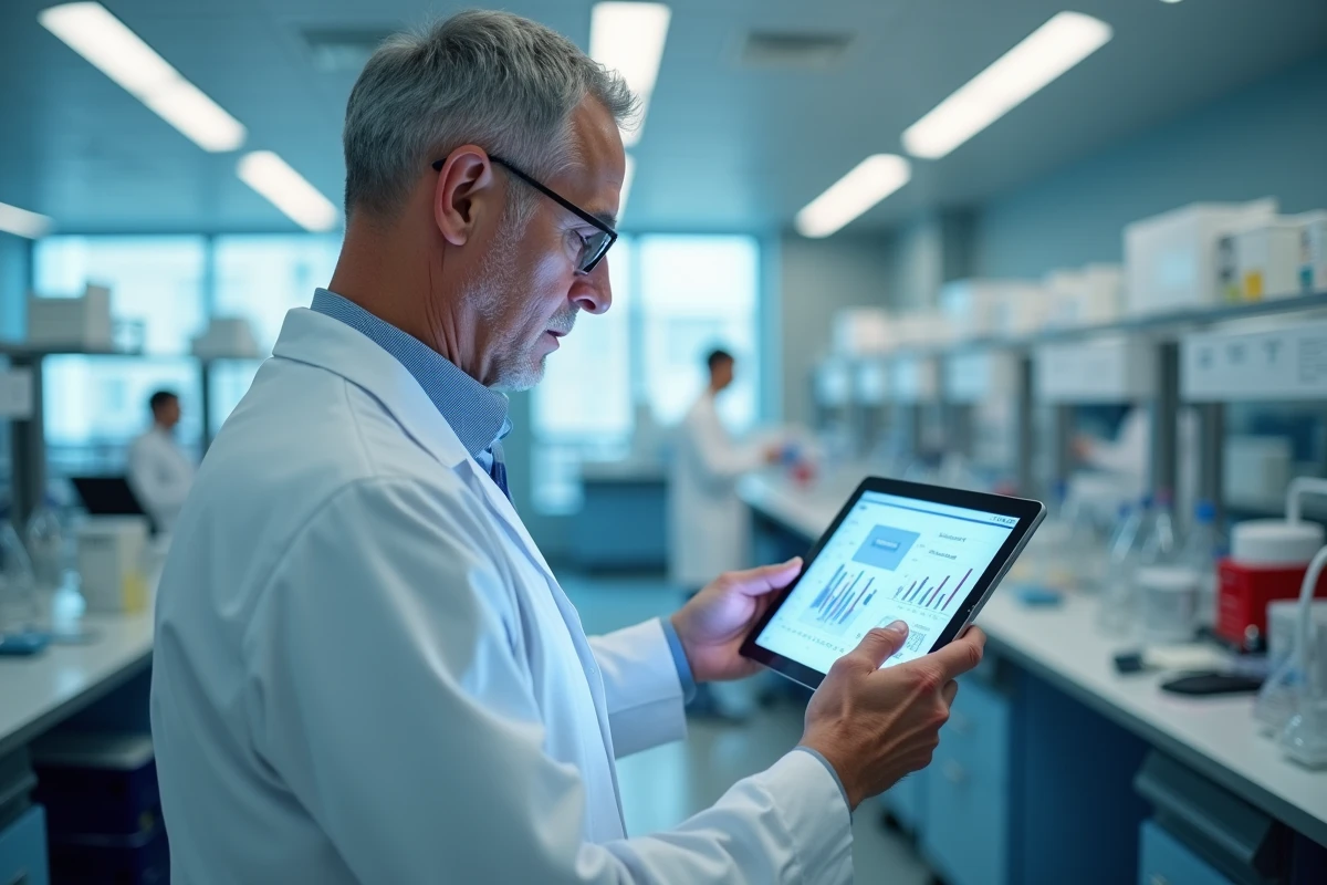 Médecin en blouse blanche analysant des données de numération sanguine sur tablette dans un laboratoire médical moderne, en lien avec les monocytes et l'inflammation