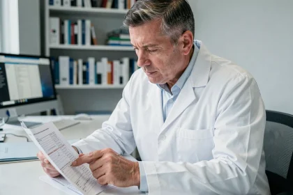 Médecin examinant des résultats d'analyses sanguines montrant un taux d'hématies élevé dans un cabinet médical moderne