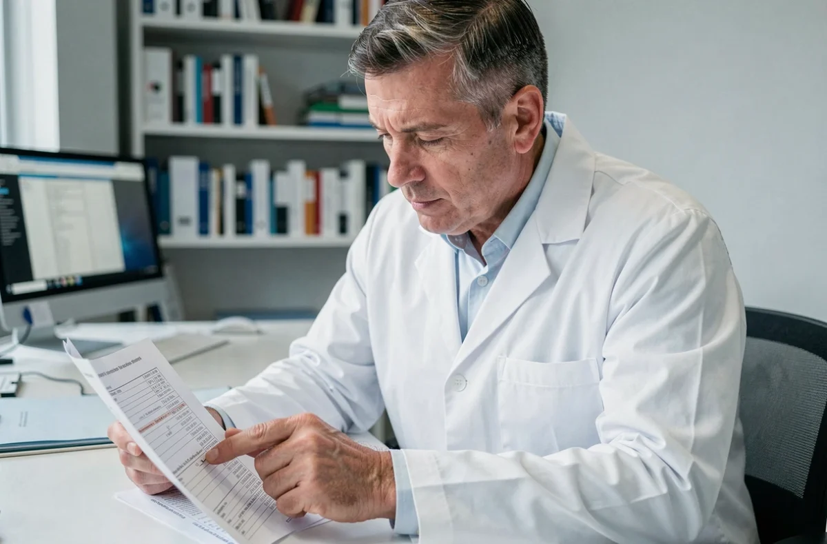 Médecin examinant des résultats d'analyses sanguines montrant un taux d'hématies élevé dans un cabinet médical moderne