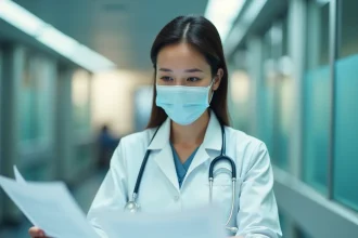 Médecin femme consultant des dossiers médicaux dans un couloir d'hôpital, masque chirurgical abaissé, expression préoccupée face au nouveau variant Covid