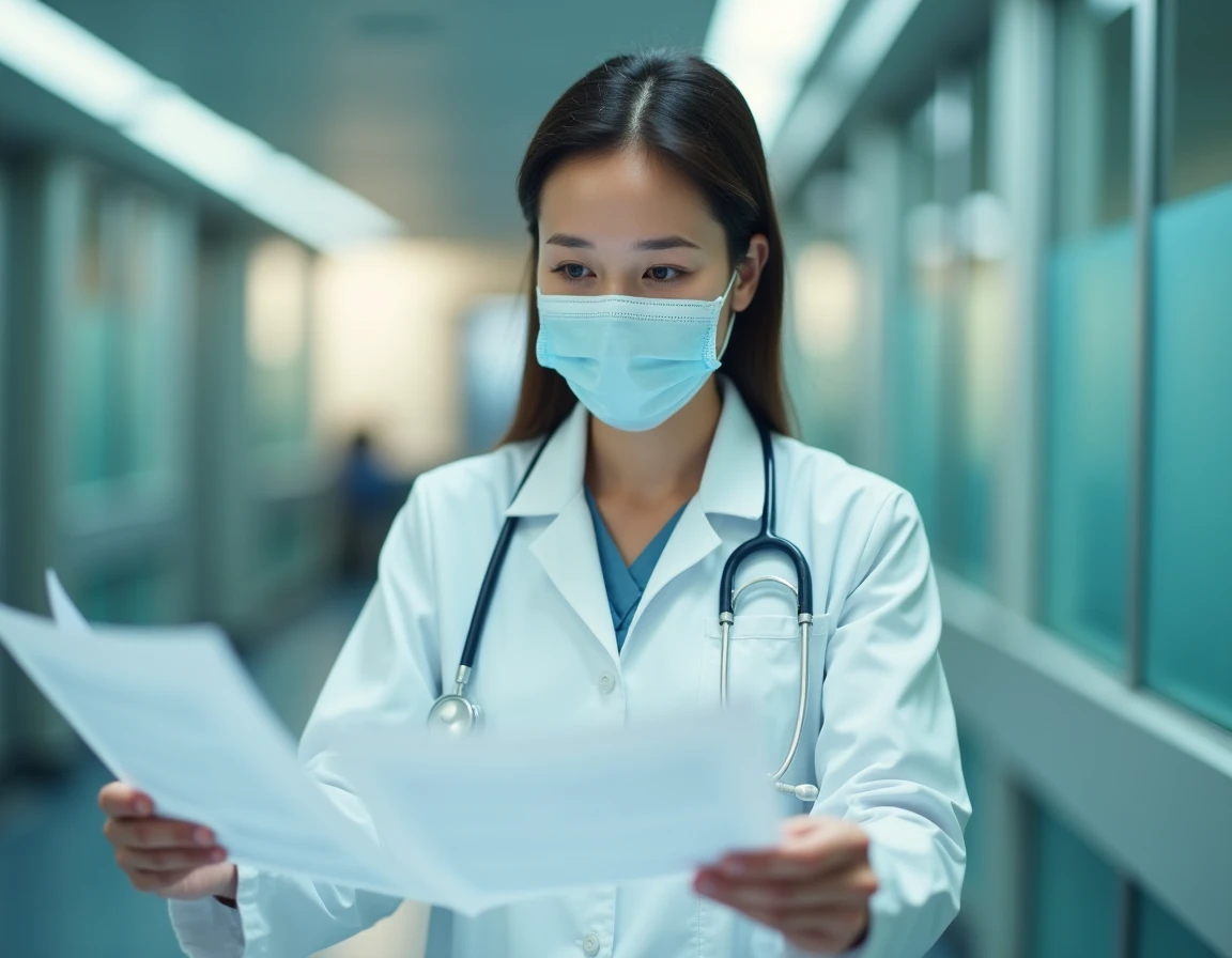 Médecin femme consultant des dossiers médicaux dans un couloir d'hôpital, masque chirurgical abaissé, expression préoccupée face au nouveau variant Covid