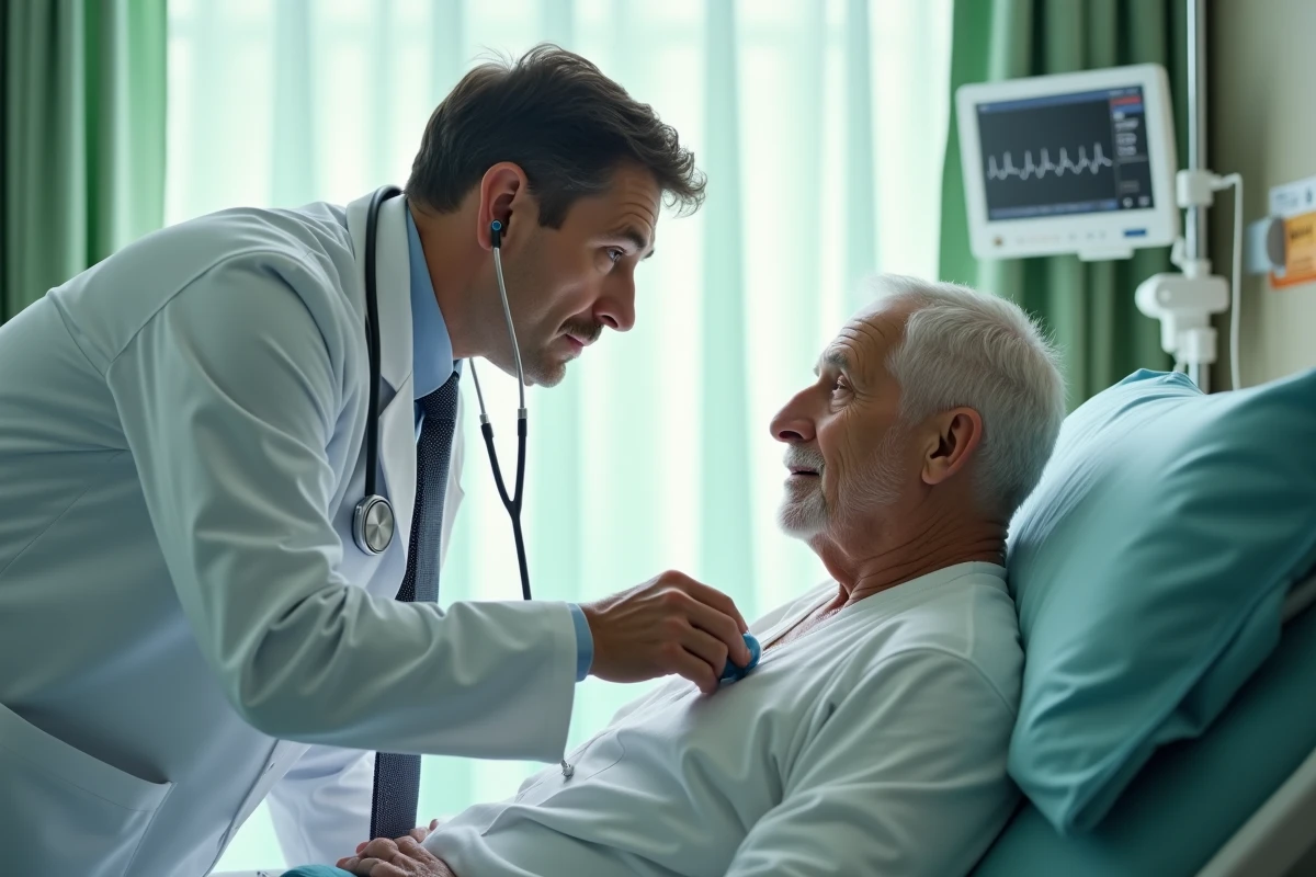 Médecin ausculant un patient âgé au stéthoscope dans une chambre d'hôpital avec moniteur cardiaque