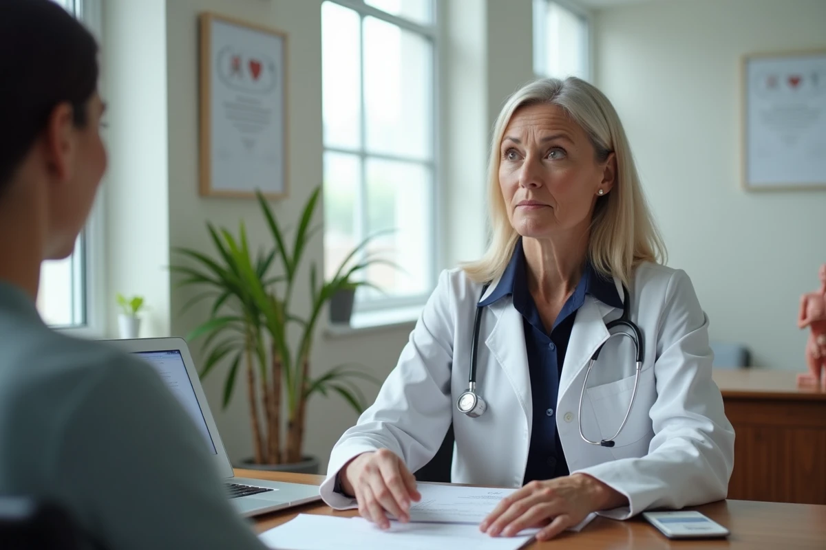 Médecin généraliste femme en consultation expliquant un diagnostic à un patient dans un cabinet médical moderne
