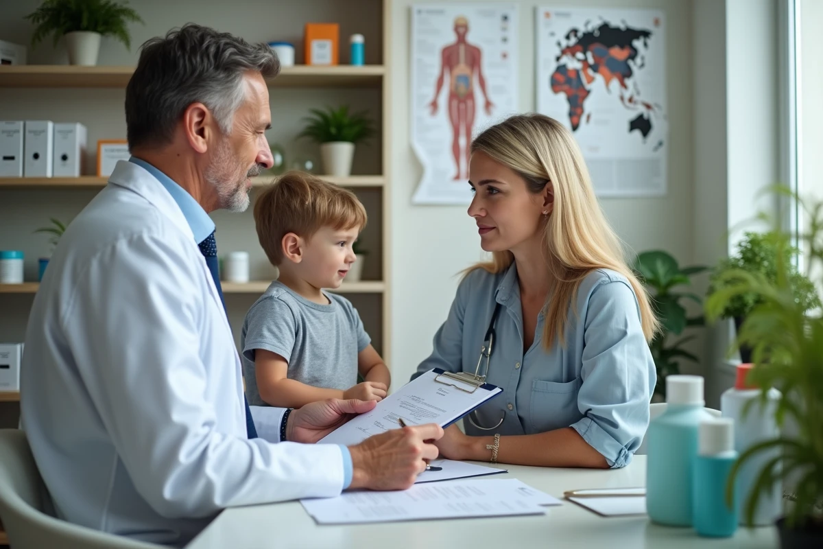 Medecin en consultation avec une maman et son enfant dans un cabinet