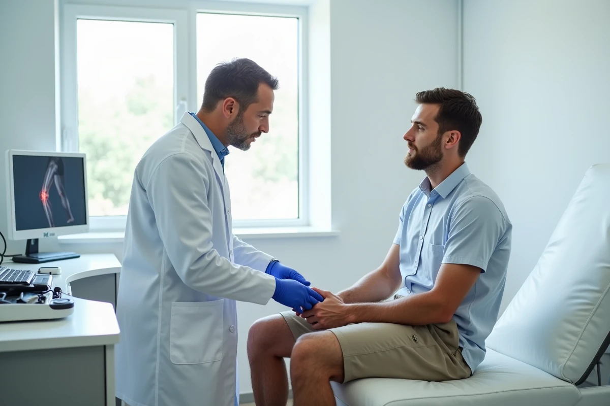 Médecin examinant l'arrière du genou d'un patient pour diagnostiquer un kyste de Baker ou une douleur articulaire