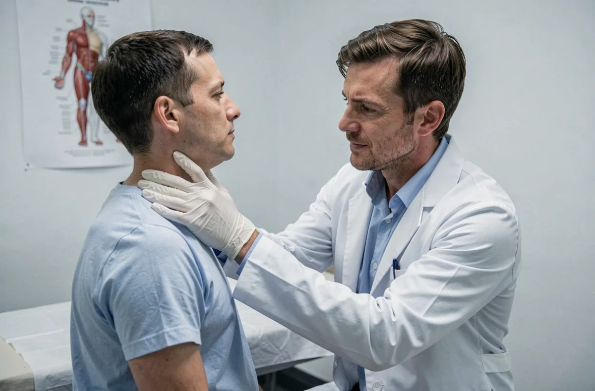 Médecin examinant le ganglion du côté gauche du cou d'un patient en cabinet médical