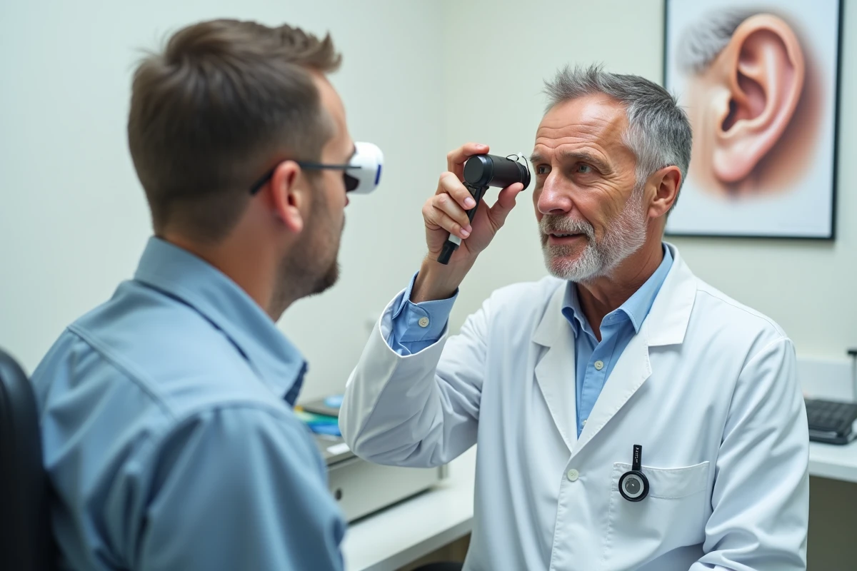 Médecin examinant l'oreille gauche d'un patient avec un otoscope dans un cabinet médical, consultation pour acouphène ou sifflement auriculaire