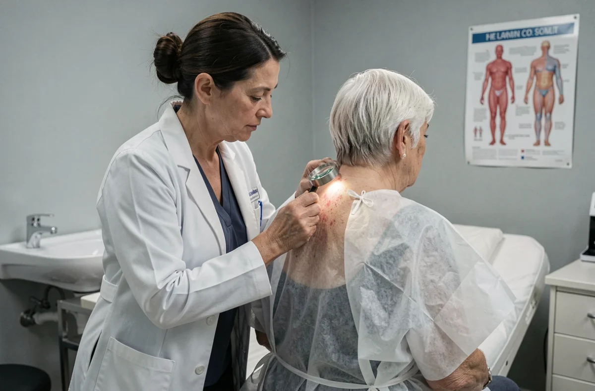Médecin examinant une éruption de zona dans le dos d'une patiente âgée en consultation