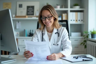Médecin femme en blouse blanche examine un rapport médical