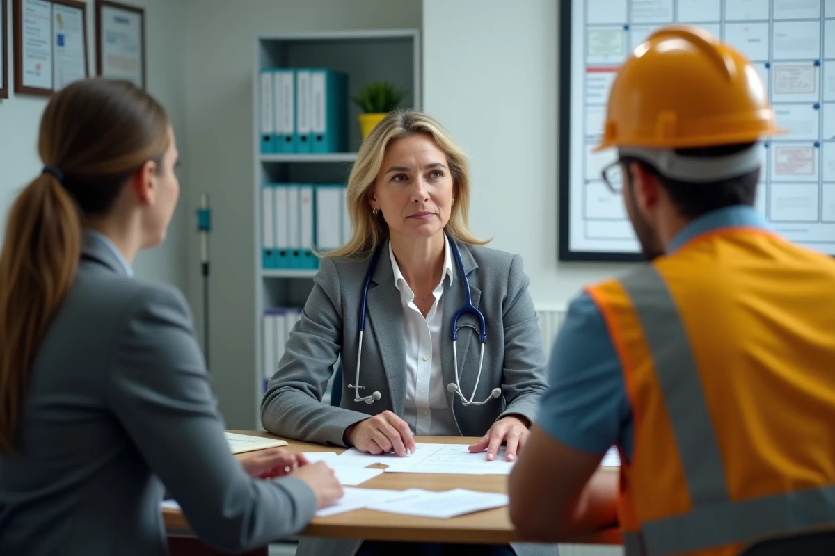 Medecin femme expliquant un document a un travailleur