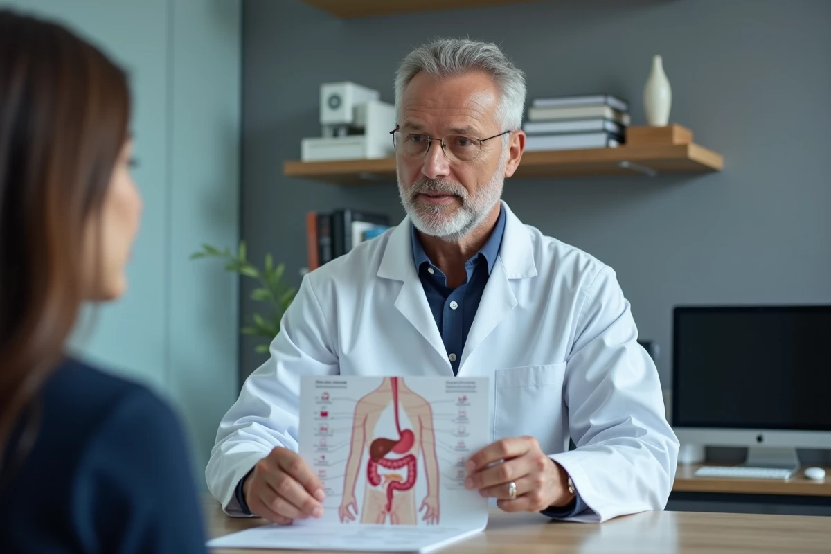 Gastro-entérologue expliquant les bénéfices des probiotiques pour le syndrome de l'intestin irritable