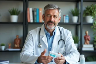 Medecin en blouse blanche expliquant des medicaments