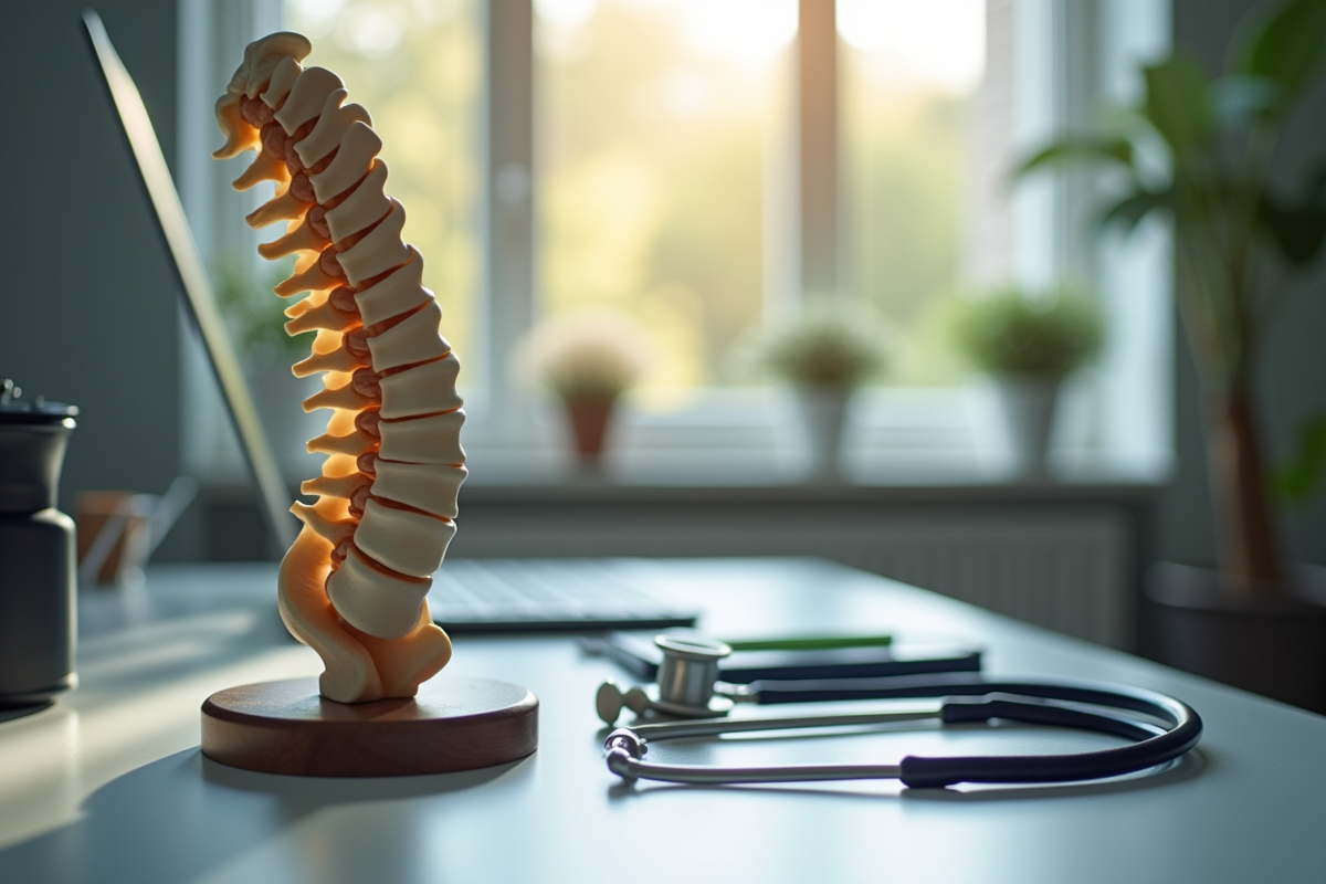 Modèle anatomique de la colonne vertébrale avec outils médicaux sur un bureau