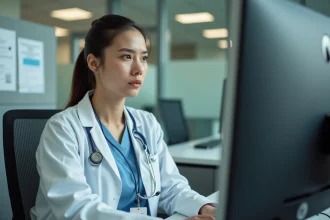 Nouvelle recrue hospitalière consultant son accès agent CHU sur un ordinateur de bureau dans un bureau administratif moderne
