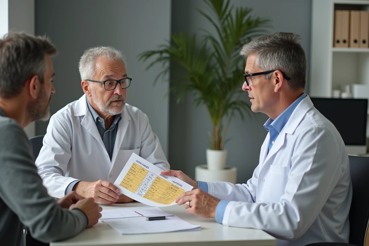 Nutritionniste expliquant une liste de fromages adaptés au diabète à un patient en consultation médicale