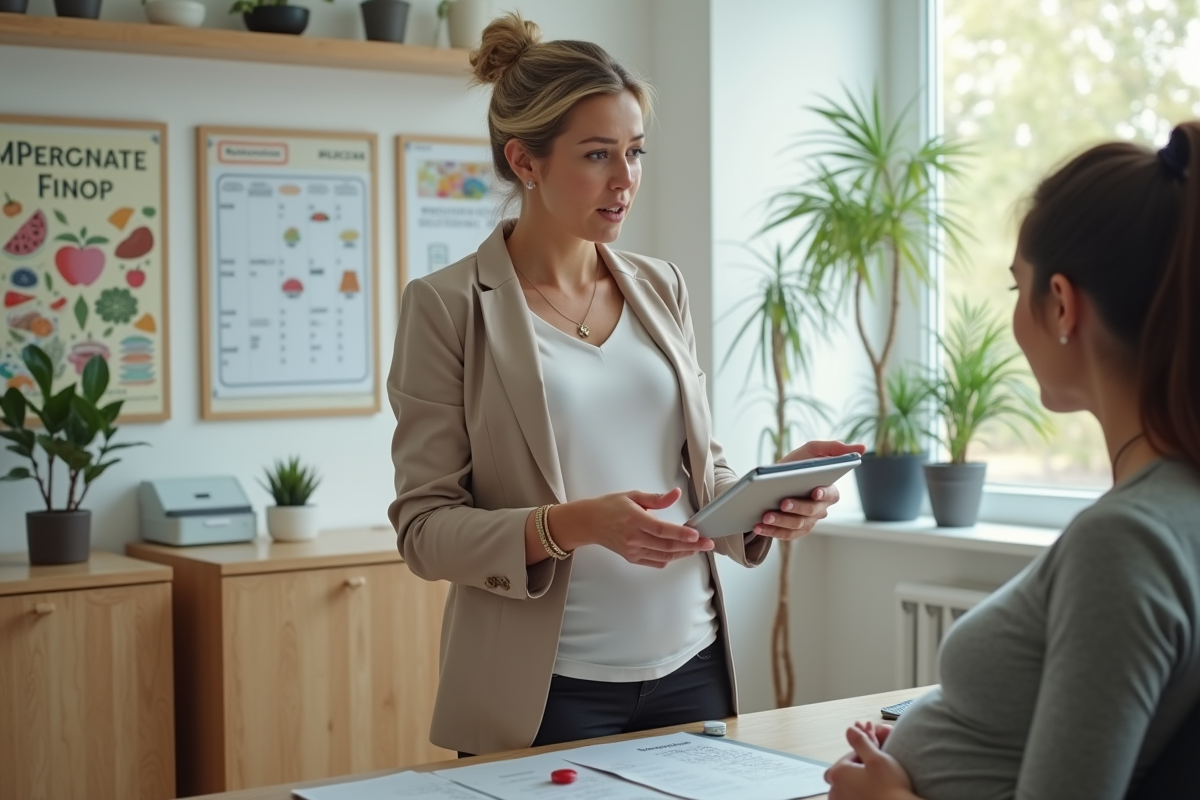 Nutritionniste expliquant un diagramme alimentaire à une femme enceinte