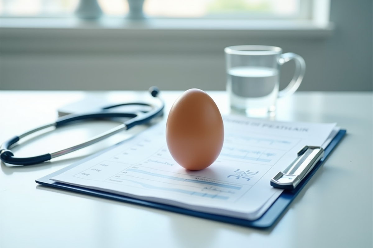 Oeuf ouvert sur un clipboard médical avec stethoscope