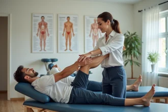 Osteopathe guidant un athlète lors d'un étirement en clinique