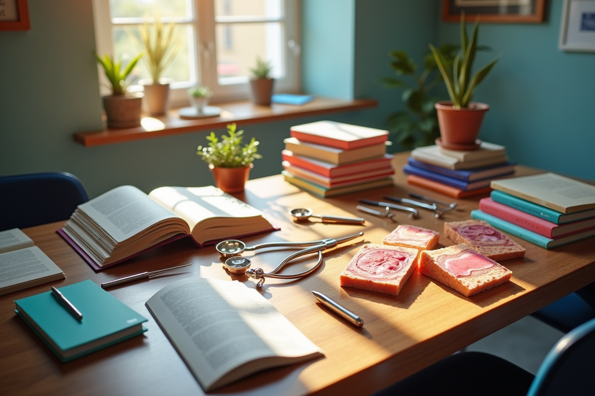 Outils de dermatologie et modèles de peau sur une table en bois
