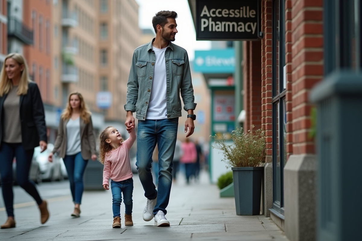 Père jeune avec sa fille devant une pharmacie