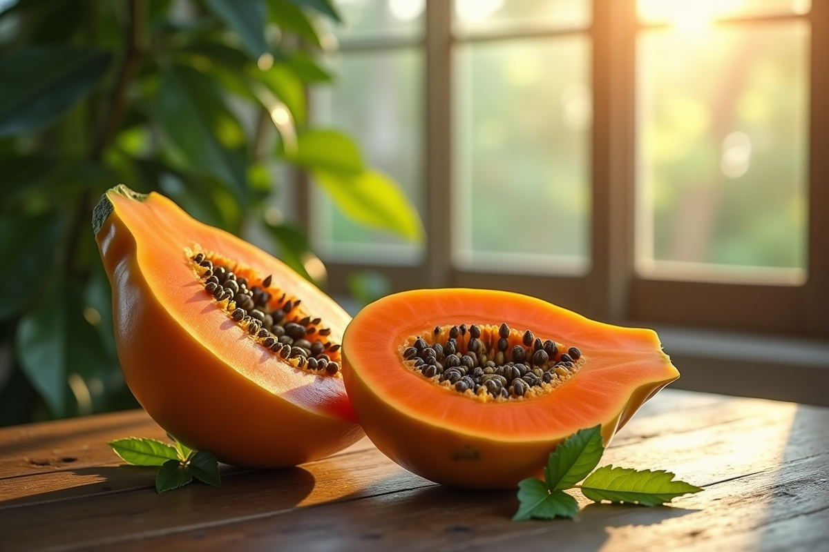 Papaye coupée avec eau et feuilles vertes sur table en bois