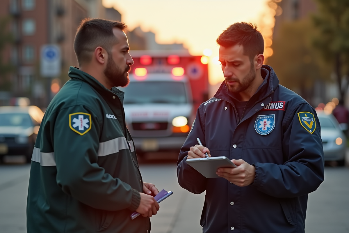 Equipe de secours parle à un homme inquiet en ville le matin