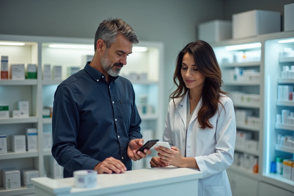 Patient montrant son téléphone à une pharmacienne pour accéder à ses résultats d'analyse sans mail imprimé