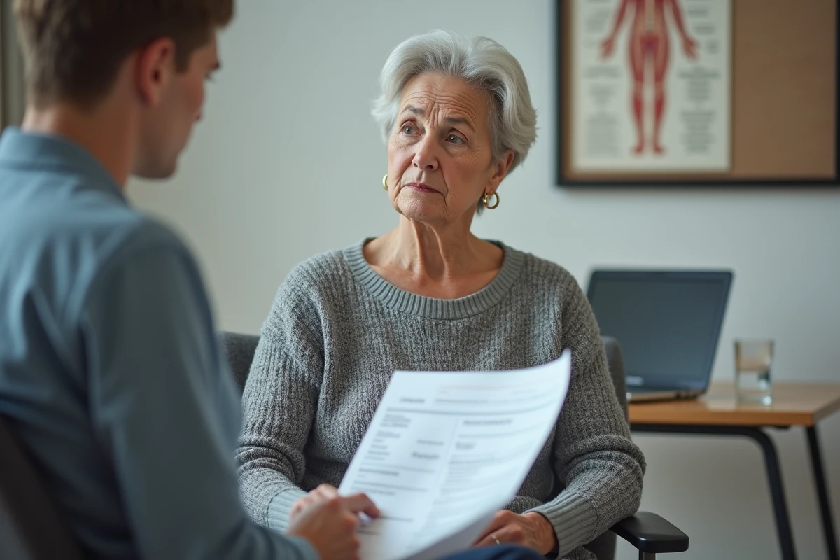 Patiente lisant attentivement son bilan d'analyse urinaire montrant la présence rare de cellules épithéliales lors d'une consultation médicale