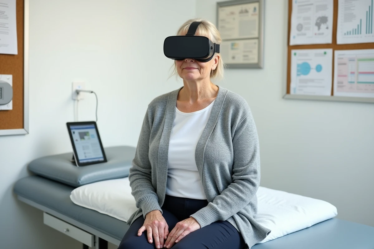 Patiente âgée utilisant un casque de réalité virtuelle lors d'une séance de thérapie occupationnelle en cabinet médical