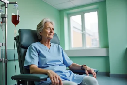 Femme recevant une perfusion de fer en milieu hospitalier, assise dans un fauteuil de soins avec une ligne intraveineuse dans l'avant-bras
