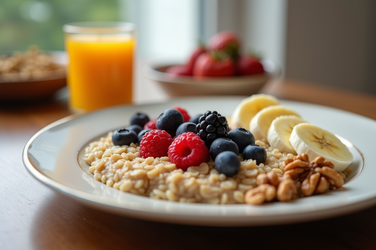 Assiette de petit déjeuner pour seniors avec flocons et fruits colorés