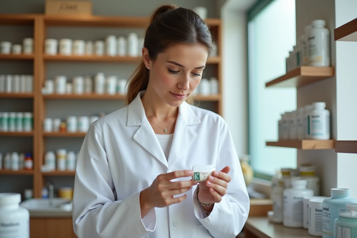 Pharmacienne en blouse blanche examinant la composition d'un complément alimentaire Indiva System en pharmacie