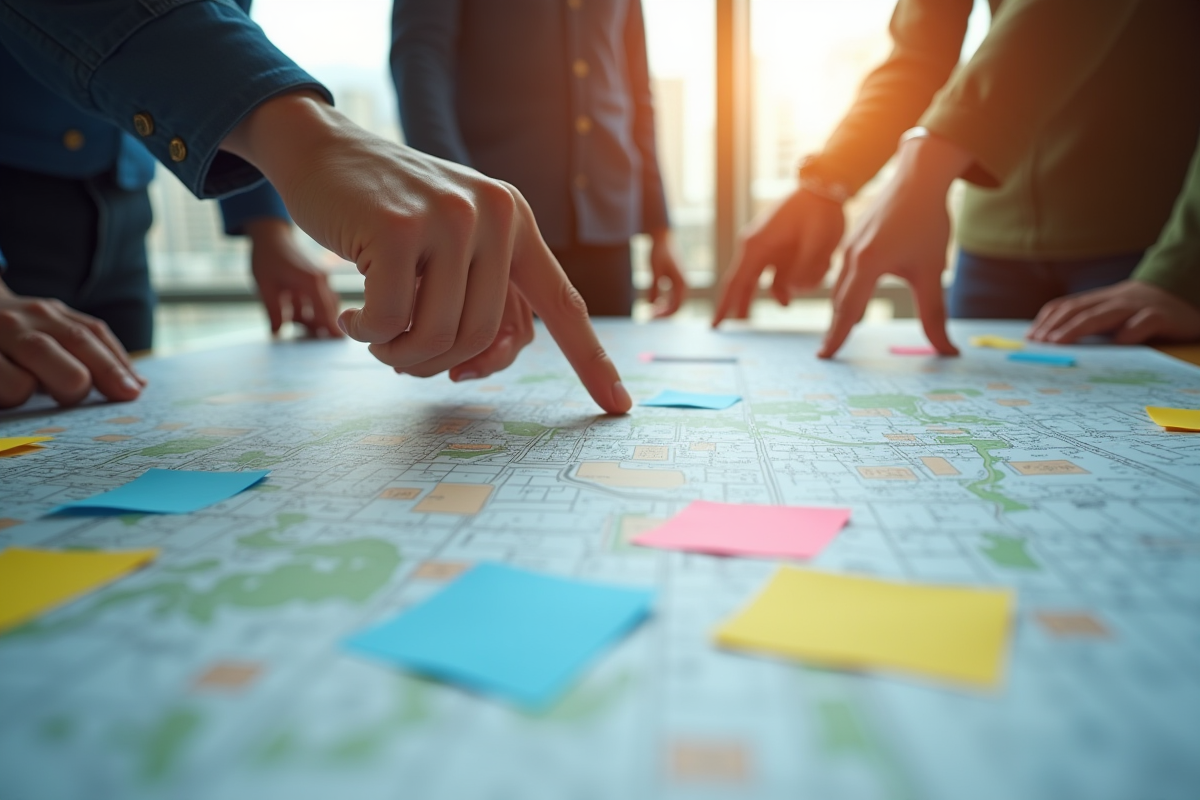 Gros plan sur une carte urbaine avec notes et mains pointant
