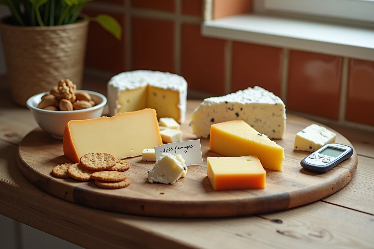 Plateau de fromages variés allégés et affinés sur table en bois avec glucomètre et liste pour un régime diabétique équilibré