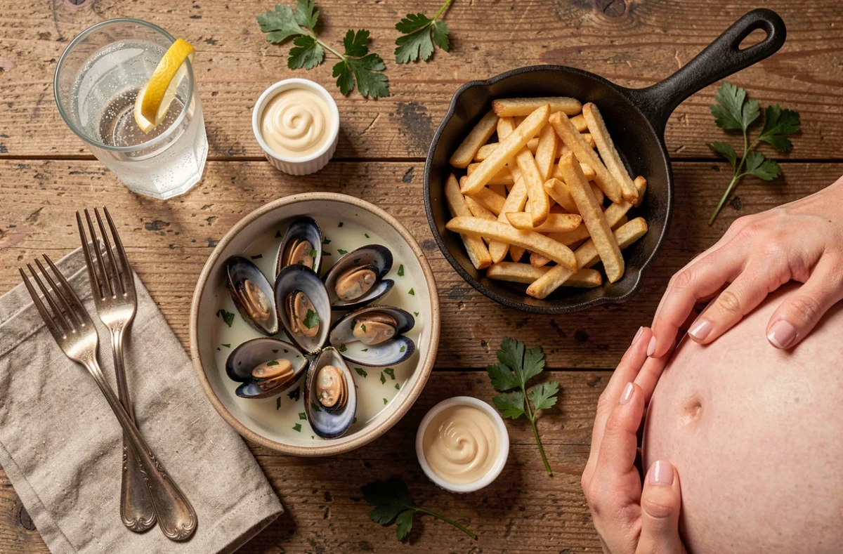 Vue de dessus d'un repas de moules frites sur table en bois avec mains de femme enceinte