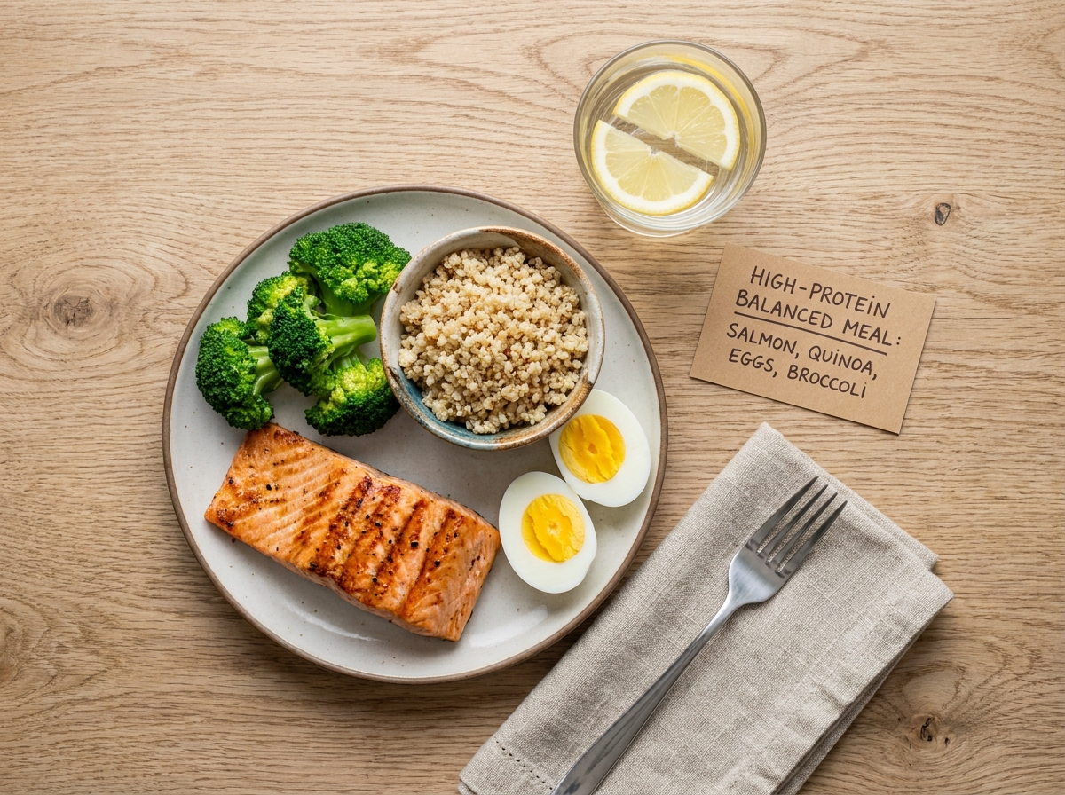 Plateau repas équilibré et riche en protéines vu de dessus avec saumon, brocoli, quinoa et œufs durs