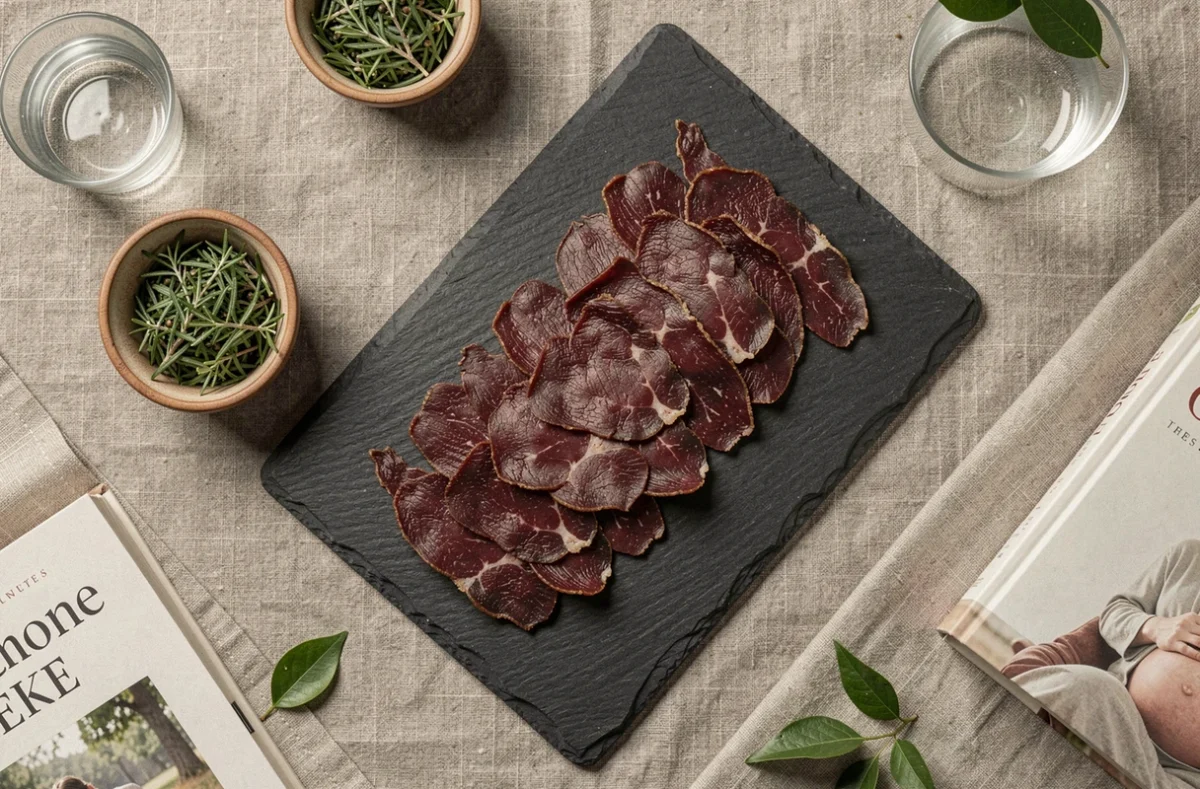 Plateau de viande des grisons en tranches fines sur une ardoise avec accessoires autour de la nutrition pendant la grossesse