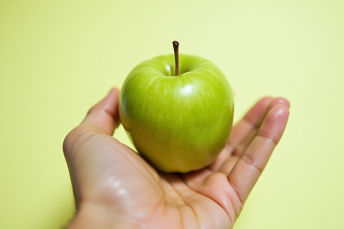 Pomme verte dans la main en lumière naturelle