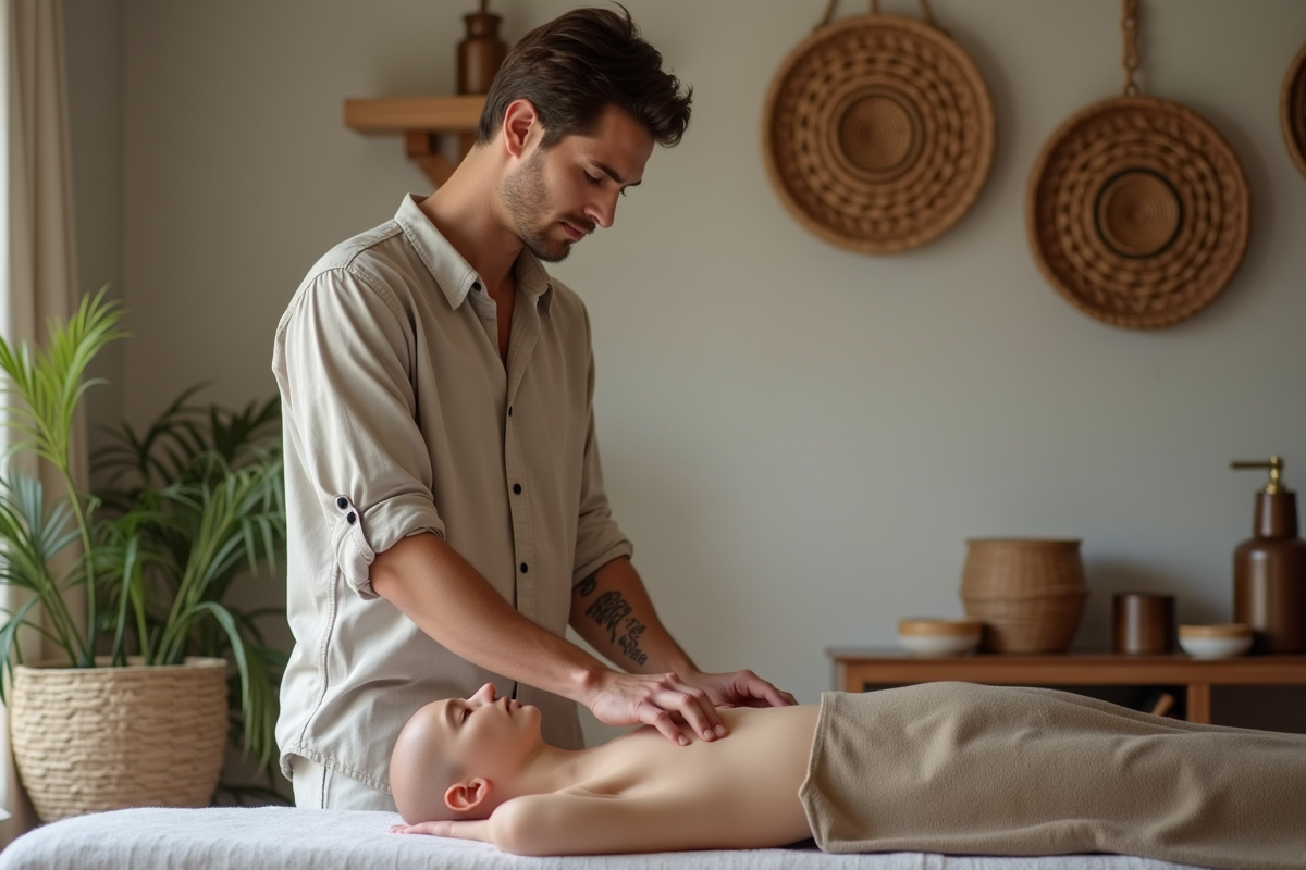 Praticien en acupressure dans une salle de thérapie naturelle