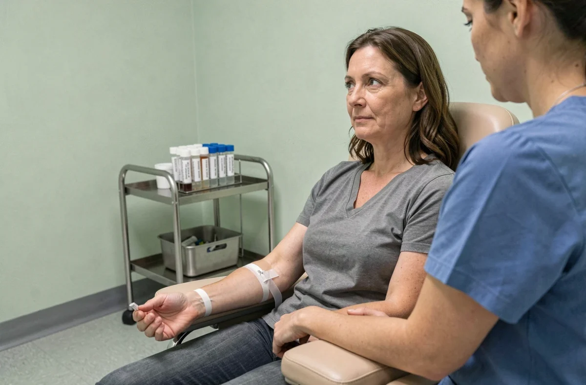 Prélèvement sanguin sur une patiente dans un laboratoire d'analyses médicales pour mesurer le taux de globules rouges