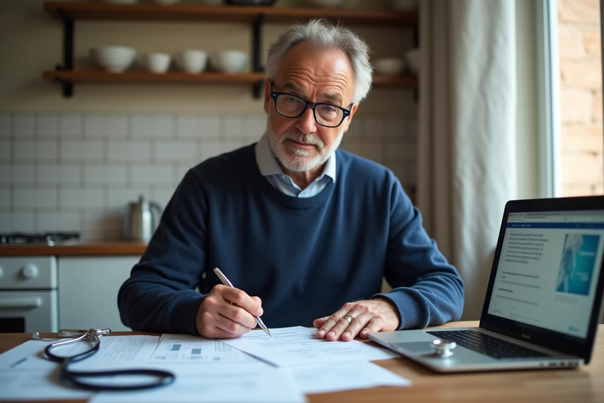 Patient préparant son dossier médical pour une cure thermale neurologique à domicile, formulaires et ordonnances sur une table